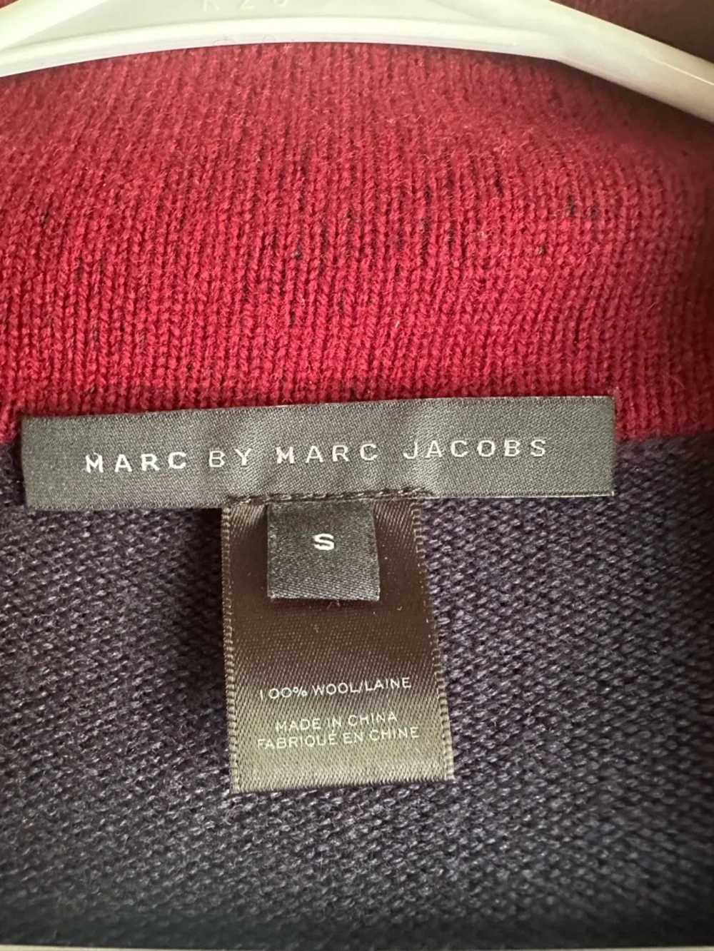 Marc By Marc Jacobs 100% Wool Navy and Burgundy Open-Front Cardigan Coat SM-XL - Picture 3 of 3